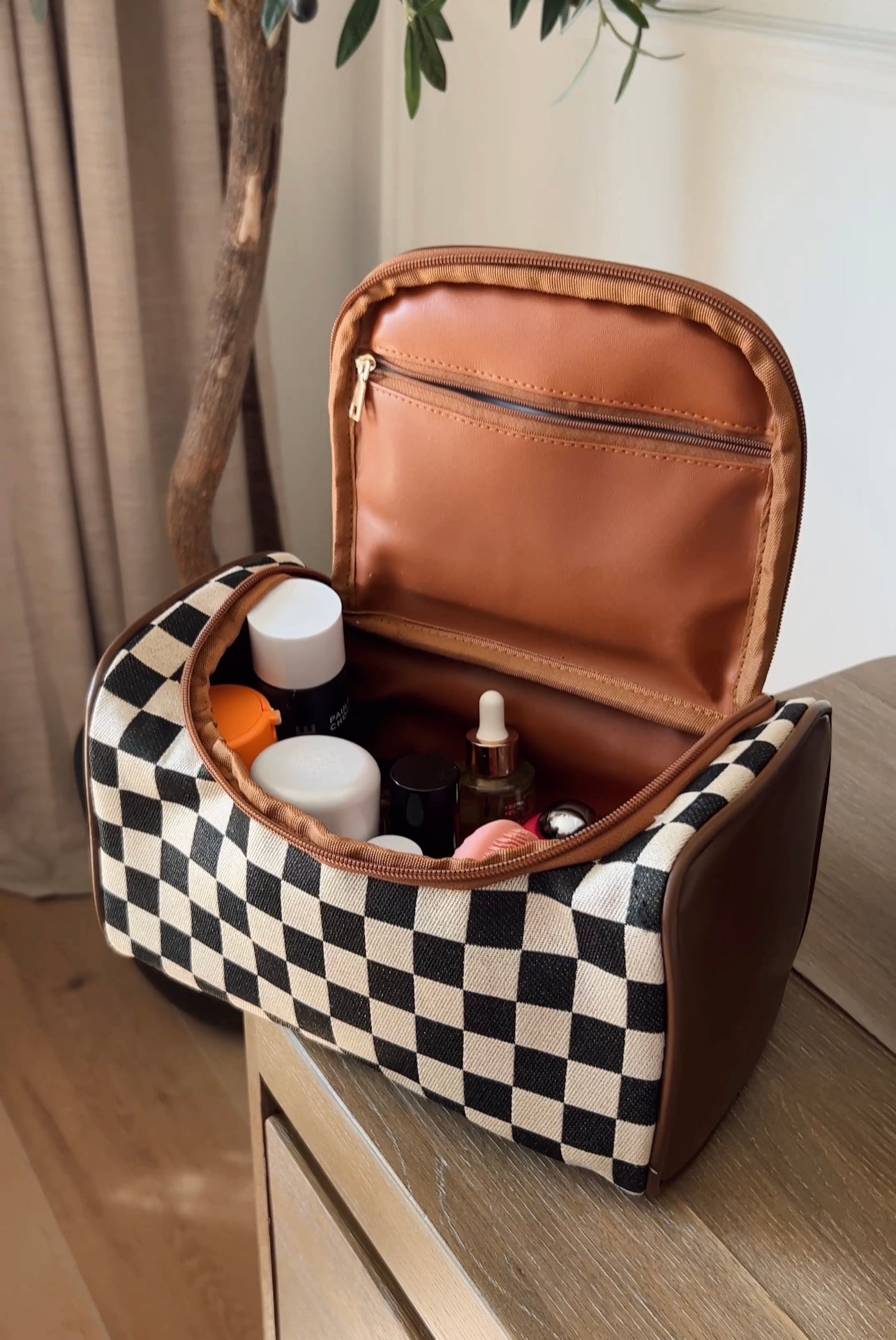 Checkered makeup bag sale