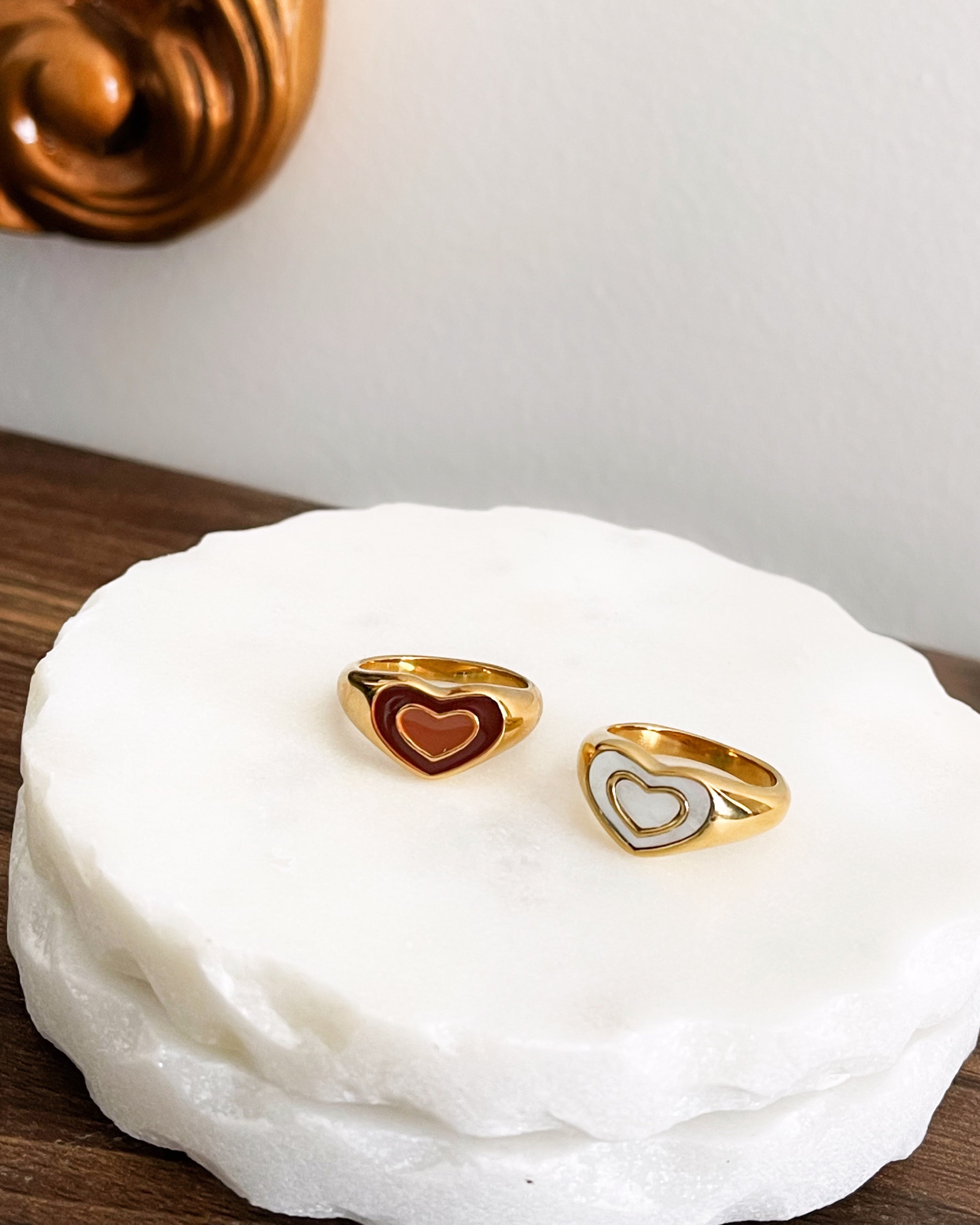 BAGUE COEUR - MARRON ET PERLE